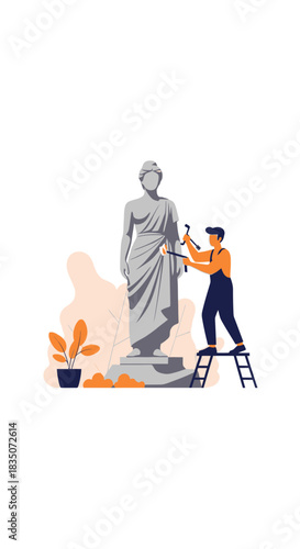 Sculptor working on a classical statue of a woman.