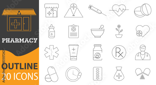 Collection of twenty outline medical icons featuring pharmacy store and various healthcare related symbols