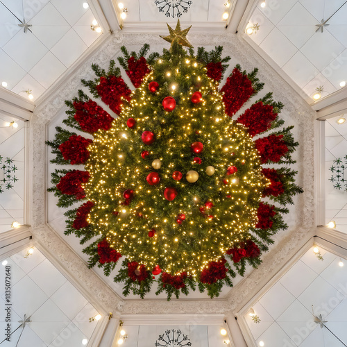 Festive Christmas tree viewed from below featuring golden star numerous lights and rich red holiday decor