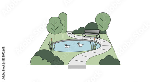 Serene Park Pond with Ducks and Winding Path.