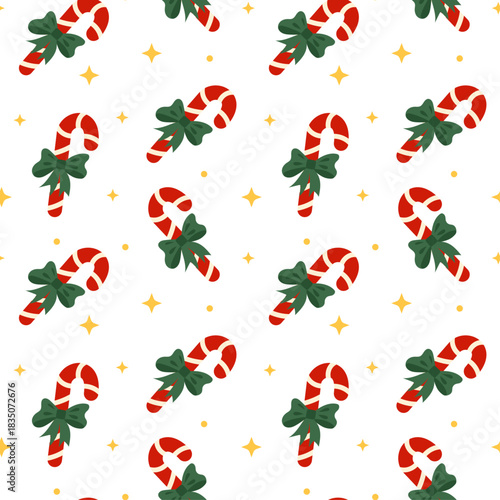 Seamless Christmas candy cane pattern with cute green bows and festive golden stars. Bright holiday design perfect for wrapping paper, textiles, Christmas decor, gift packaging and winter illustration