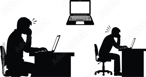 Remote work and digital collaboration silhouette illustration, laptop workspace and thinking posture, online connection concept vector, black and white graphic