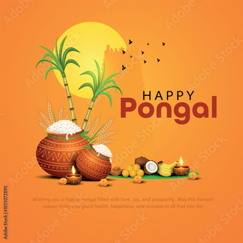 Vector illustration of Happy Pongal Holiday Harvest Festival of Tamil Nadu South India greeting vector background