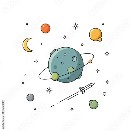 Space exploration with planets stars and rocket ship.