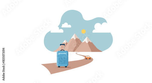 Traveler with suitcase on a road to mountains under the sun.