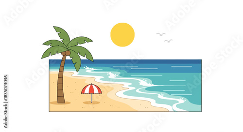 Tropical Beach Scene with Palm Tree and Ocean Waves.
