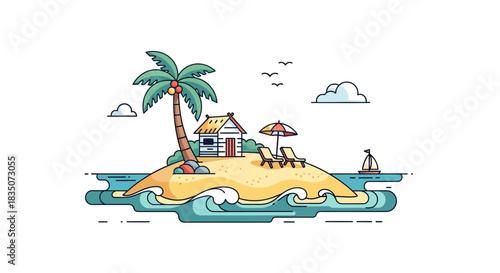 Tropical Island Paradise with Palm Tree and Beach.