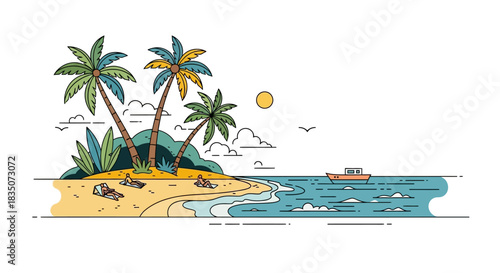 Tropical Island Paradise with Palm Trees and Ocean View.