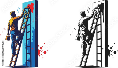 Painter on ladder applying red paint to a blue surface illustration