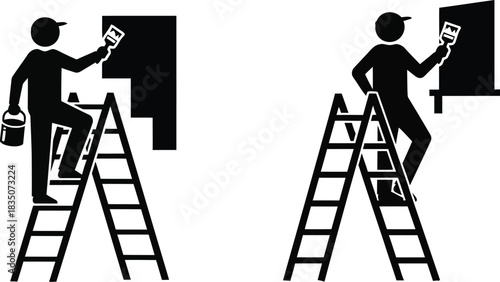 Two painters on ladders painting windows black and white illustration