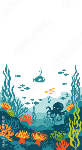 Underwater Scene with Submarine and Marine Life.