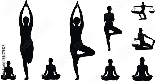 Yoga pose silhouette illustration set, balance and mindfulness postures, flexibility and wellness concept vector, black and white graphic