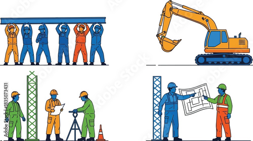 Construction workers and heavy machinery in a vector illustration set