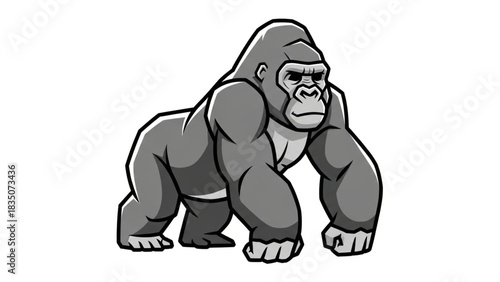 A strong, muscular gorilla stands proudly, depicted in a detailed, grayscale illustration.