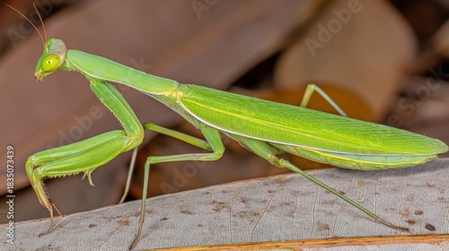 Bright green praying mantis rests on a dry leaf, captured in a detailed macro photograph showing its head and raptorial legs.