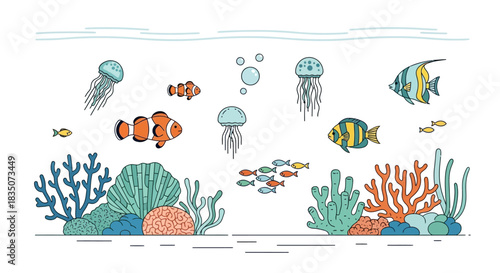 Underwater scene with various marine life and coral reef.