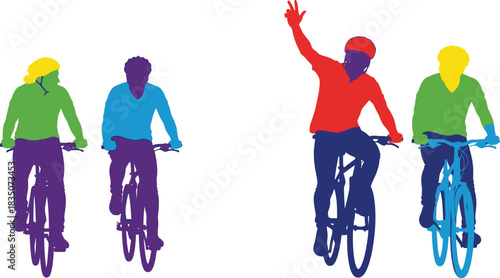 Colorful cyclists riding bicycles one waving hand vector illustration