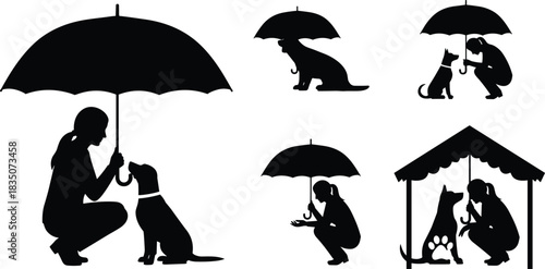 Animal sheltering and compassion silhouette illustration set, umbrella and roof protection poses, humane care concept vector, black and white graphic
