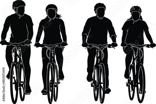 Four cyclists riding bikes together in silhouette against white background