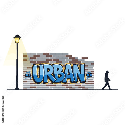 Urban Graffiti Art on Brick Wall with Street Lamp and Pedestrian.