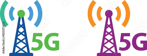 5g network technology icons with communication towers and signal waves on white