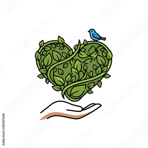 Illustration of a Heart-Shaped Green Leaf Tree Cradled in an Open Hand with a
