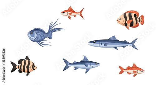 Various colorful fish swimming in the ocean.