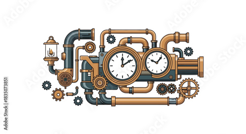 Steampunk Machine with Clocks and Gears.