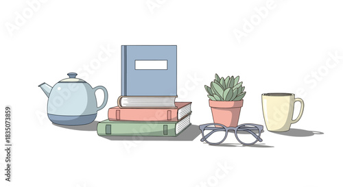 Still life of books tea and plants.