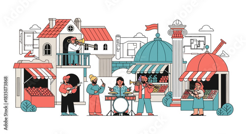 Street musicians playing music in a colorful town.