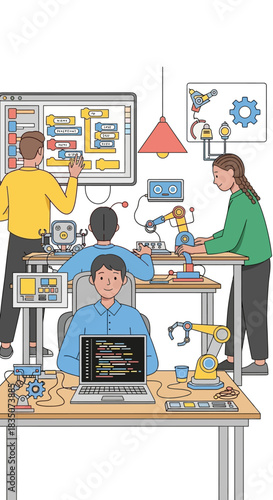 Students learning robotics and programming in a STEM lab.