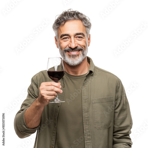 Handsome Happy Man Holding Glass of Red Wine Smiling Head-to-Waist Shot on White Background