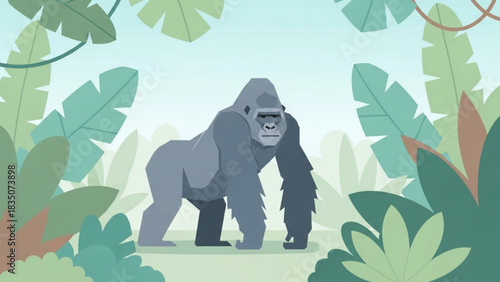 A large gorilla stands proudly in a lush, green jungle environment, surrounded by foliage.