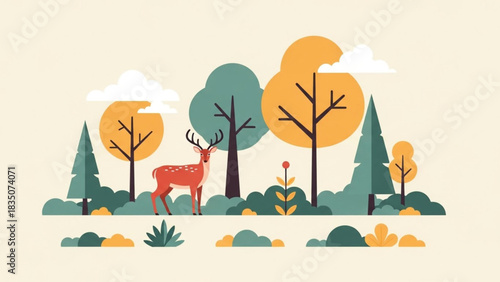 A stylized illustration of a deer standing in a colorful forest scene.