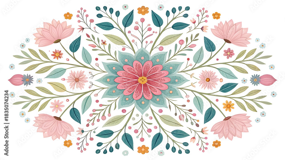 Obraz premium Ornate folk flower pattern with delicate pastel blossoms and green foliage isolated on transparent background