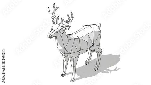 Geometric deer illustration in white, featuring a polygonal design and a cast shadow on a white background.