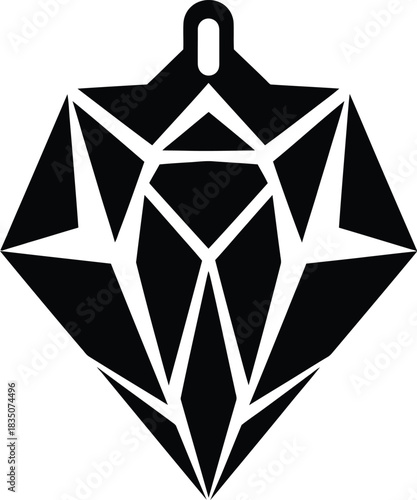 Geometric black silhouette of a faceted diamond or crystal pendant on a white background jewel