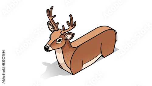 Stylized illustration of a deer with antlers resting on a white background, casting a shadow.