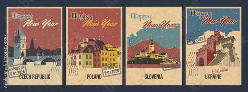 Happy New Year Greeting Cards, European Countries Main Attractions Postcards Retro Style Illustrations. Czech Charles Bridge, Poland Old Market, Slovenia Blad Castle, Ukraine The Golden Gate of Kyiv