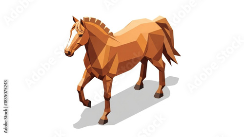 Low poly illustration of a brown horse standing on a white surface, casting a shadow.