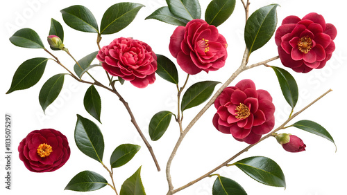 Vibrant red camellia flowers with fresh green leaves and delicate buds on branches isolated on transparent background