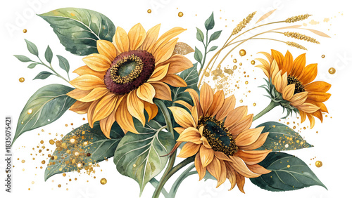 Vibrant sunflower bouquet with lush green foliage and sparkling golden elements isolated on transparent background