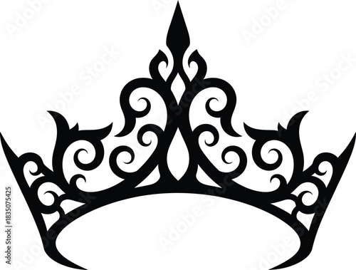Ornate Black Silhouette of a Regal Crown with Swirling Filigree and Spikes on White Background Keywords: crown, regal, royal, queen, king, princess, royalty, monarch