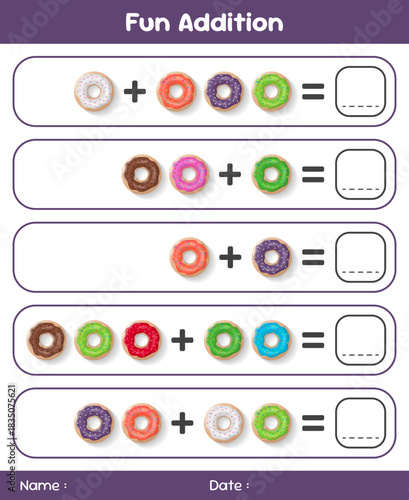 Game for children addition by counting donuts. Educational mathematical game. Addition game for children. Kids activity sheet. Template for addition
