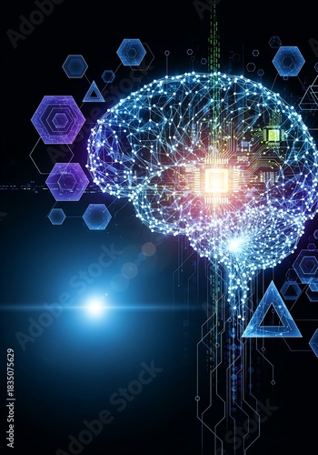 A futuristic visualization of artificial intelligence, showing glowing neural networks, digital brains, and interconnected data streams in a high-tech environment.
