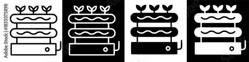 Four variations of a minimalist vertical farm icon design, illustrating innovative hydroponic systems for sustainable indoor plant cultivation and urban agriculture