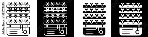 Four variations of vertical hydroponic systems with water circulation, displayed in black and white outline style
