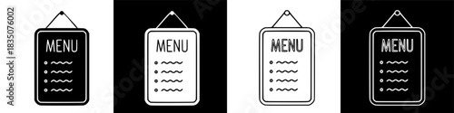 Four variations of a restaurant menu board in black and white, suitable for cafe or bistro