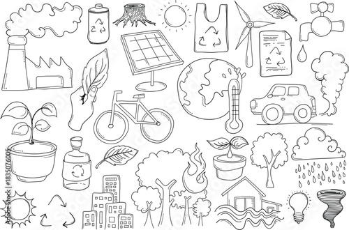 Climate change Related Doodle vector set. Drawing sketch illustration hand drawn line eps10