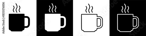 Four variations of a steaming coffee cup icon, presented in black and white and outline styles on contrasting backgrounds